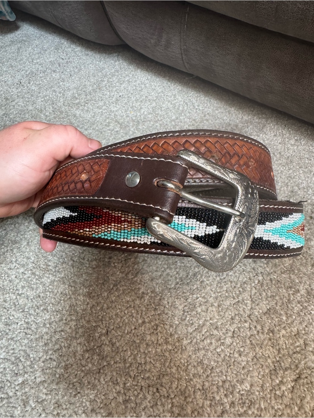 Brown Leather Western Beaded Men’s Belt - Turquoise Accent